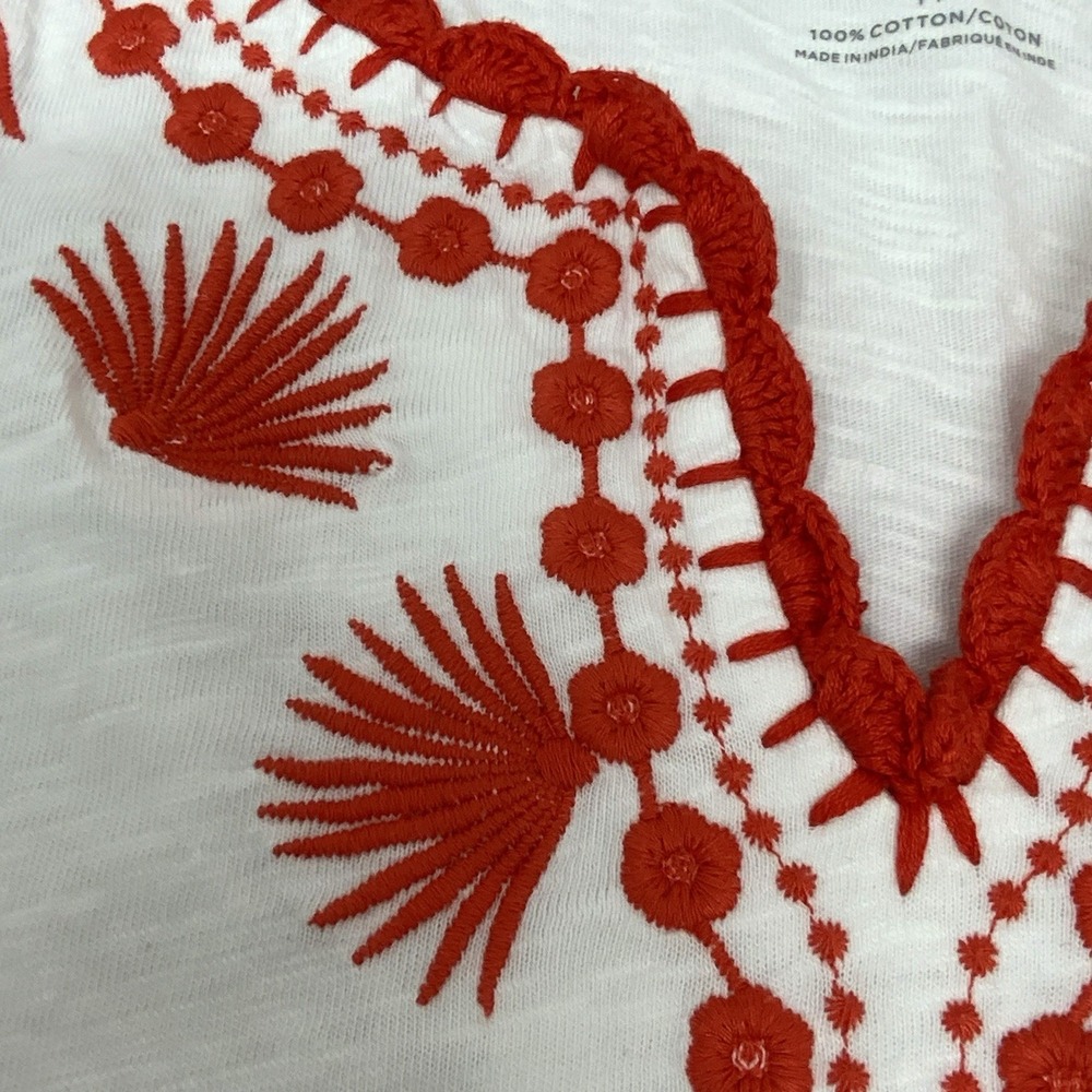 Talbots Womens Medium Top Red White Embroidered Floral Palm Tee Short Sleeve - Picture 8 of 12